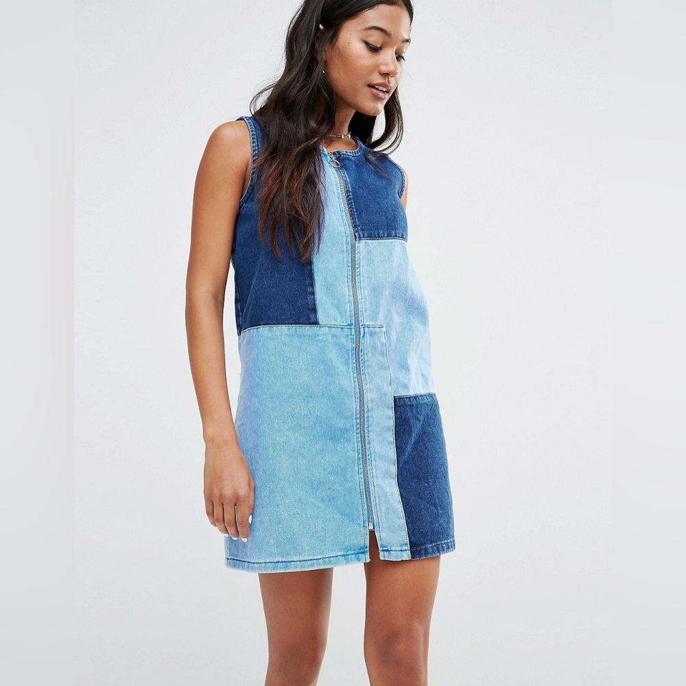 RIVER ISLAND Sleeveless Denim Full Zip Patchwork Mini Dress Size 6
